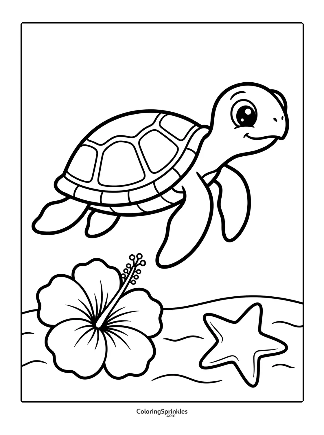 Coloring page of a sea turtle swimming near a hibiscus flower and starfish