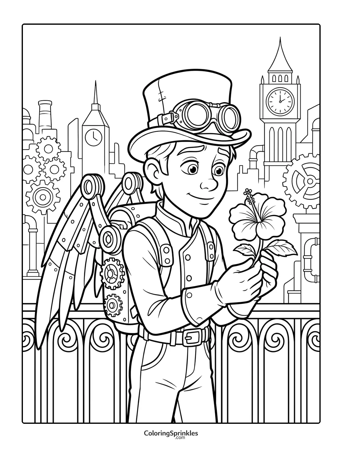 Coloring page of a steampunk boy holding a hibiscus flower in a city