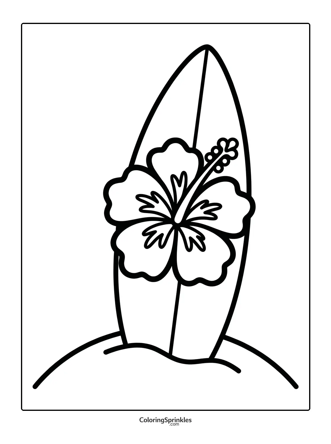 Coloring page of a surfboard with a hibiscus flower on a beach