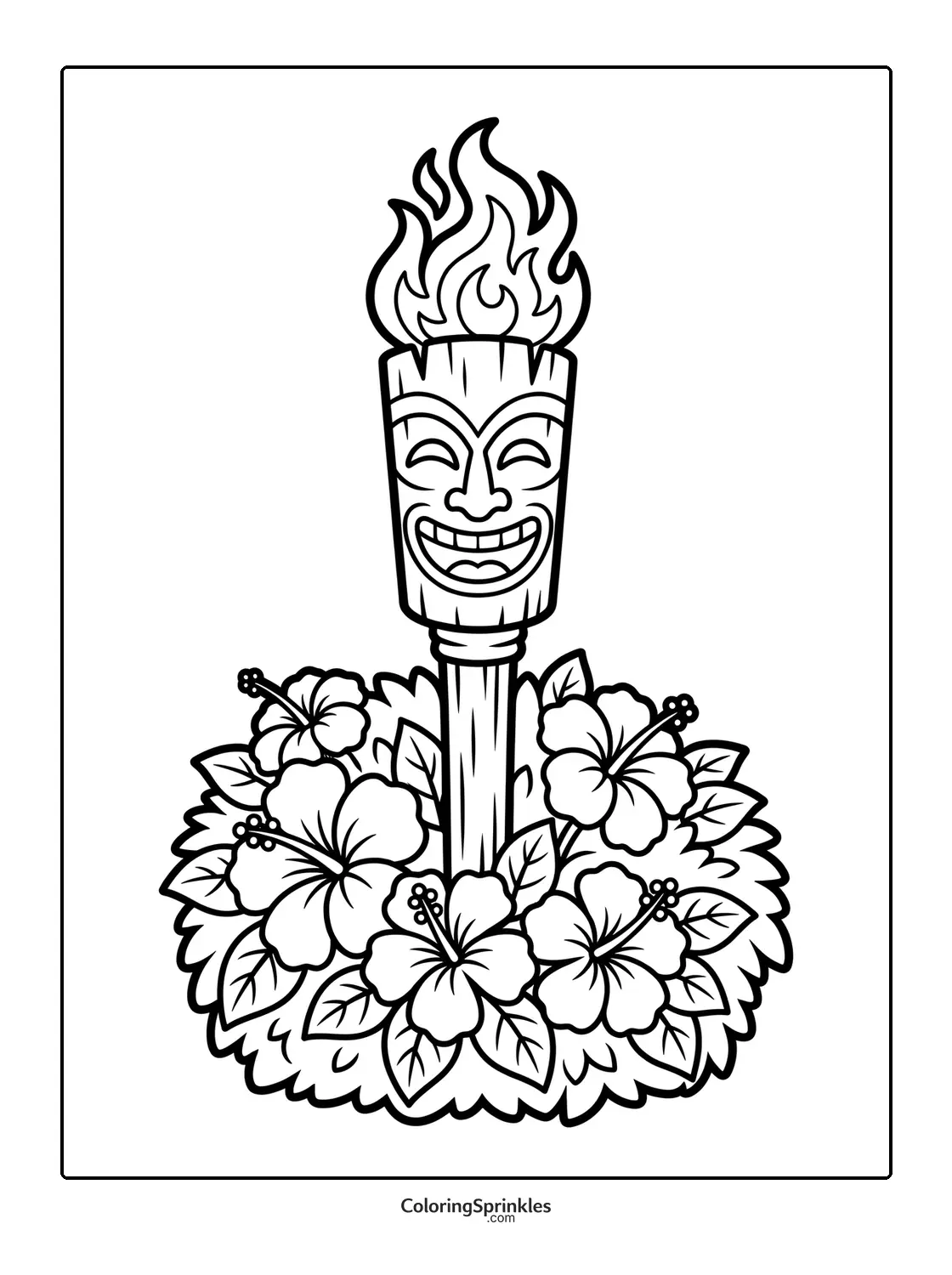 Coloring page of a tiki torch surrounded by hibiscus flowers