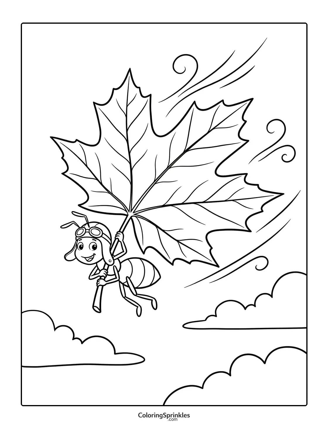 Coloring page of an ant flying with a large leaf in the wind