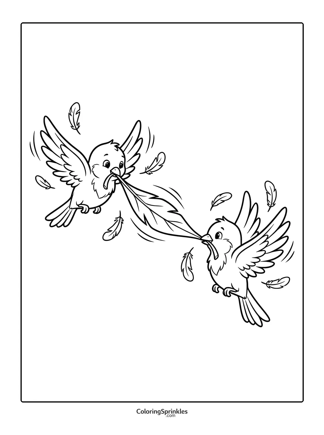 Coloring page of two birds flying and tugging a large feather