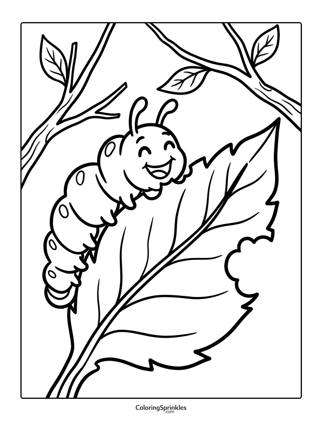 Coloring page of a happy caterpillar eating a leaf on a branch