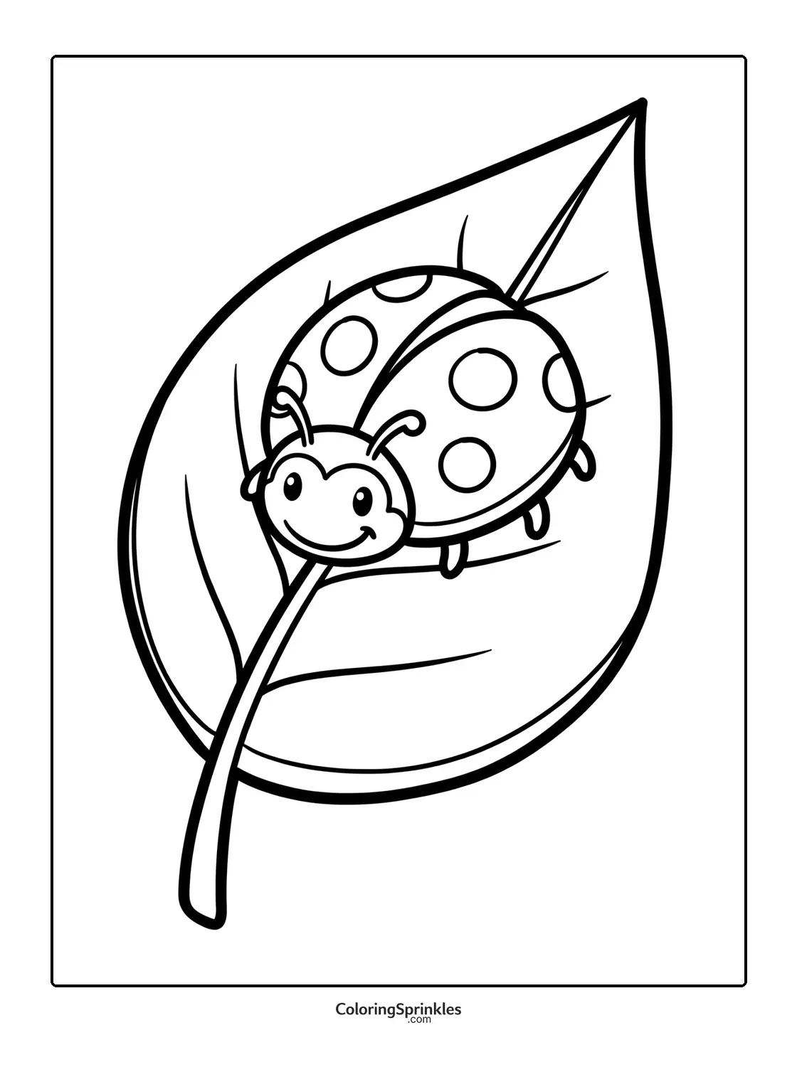 Coloring page of a smiling ladybug on a leaf
