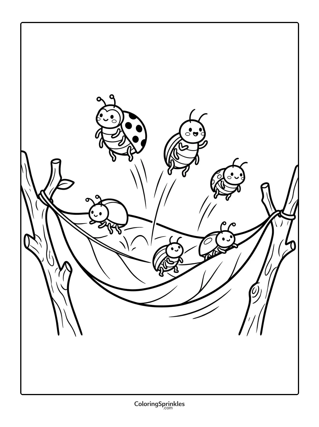 Coloring page of ladybugs playing on a leaf hammock
