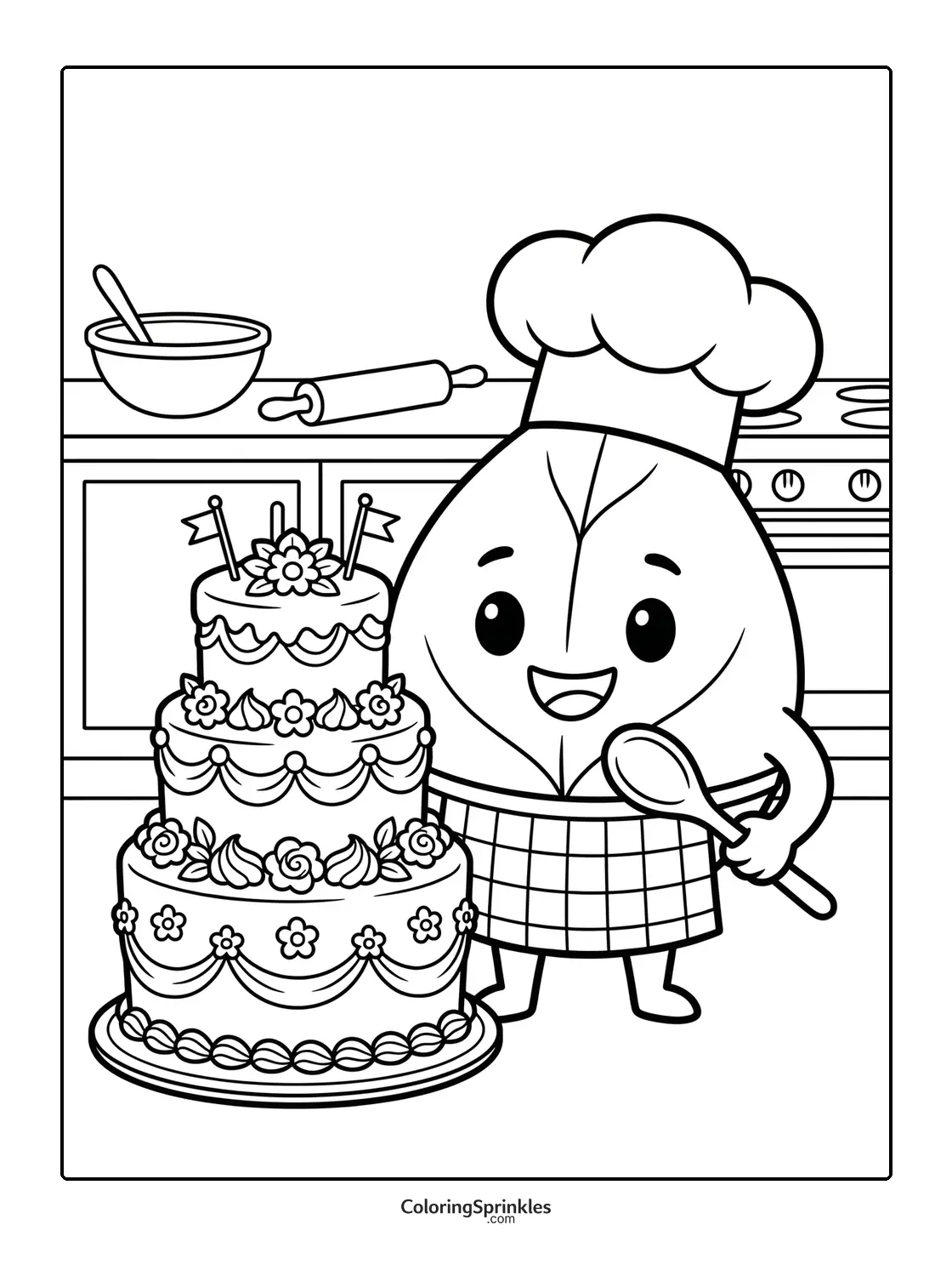 Coloring page of a leaf character dressed as a chef baking a decorated cake in a kitchen