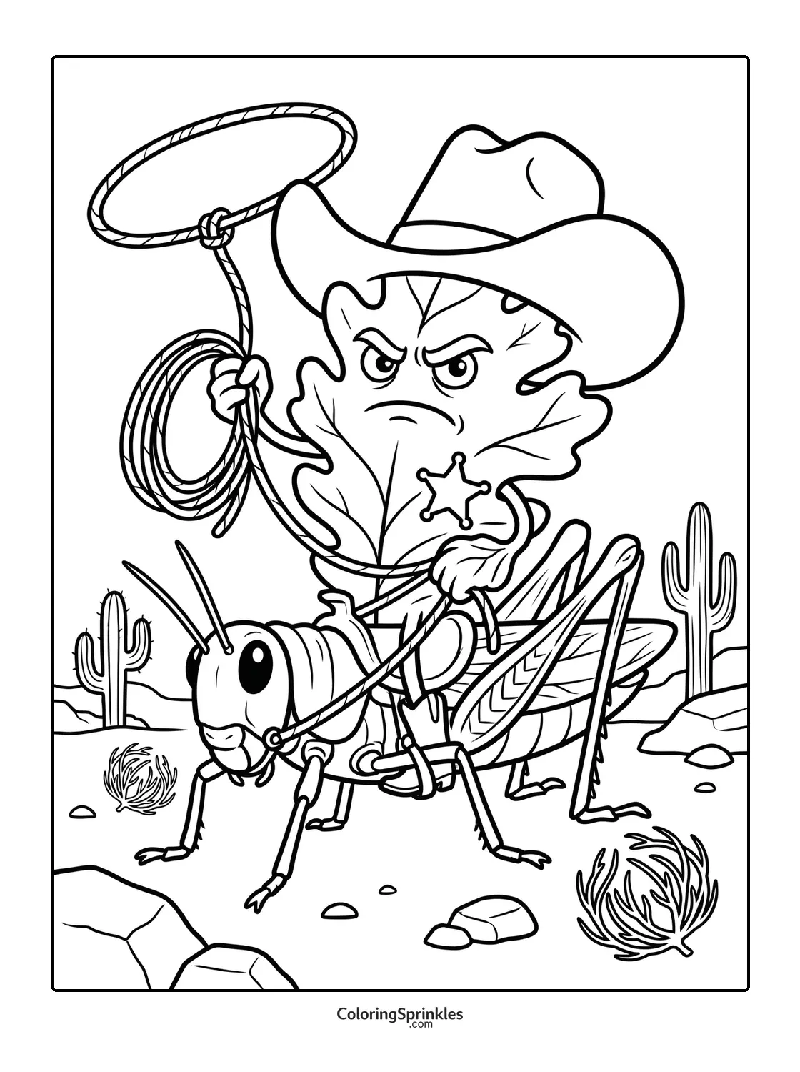 Coloring page of a leaf cowboy riding a grasshopper in the desert