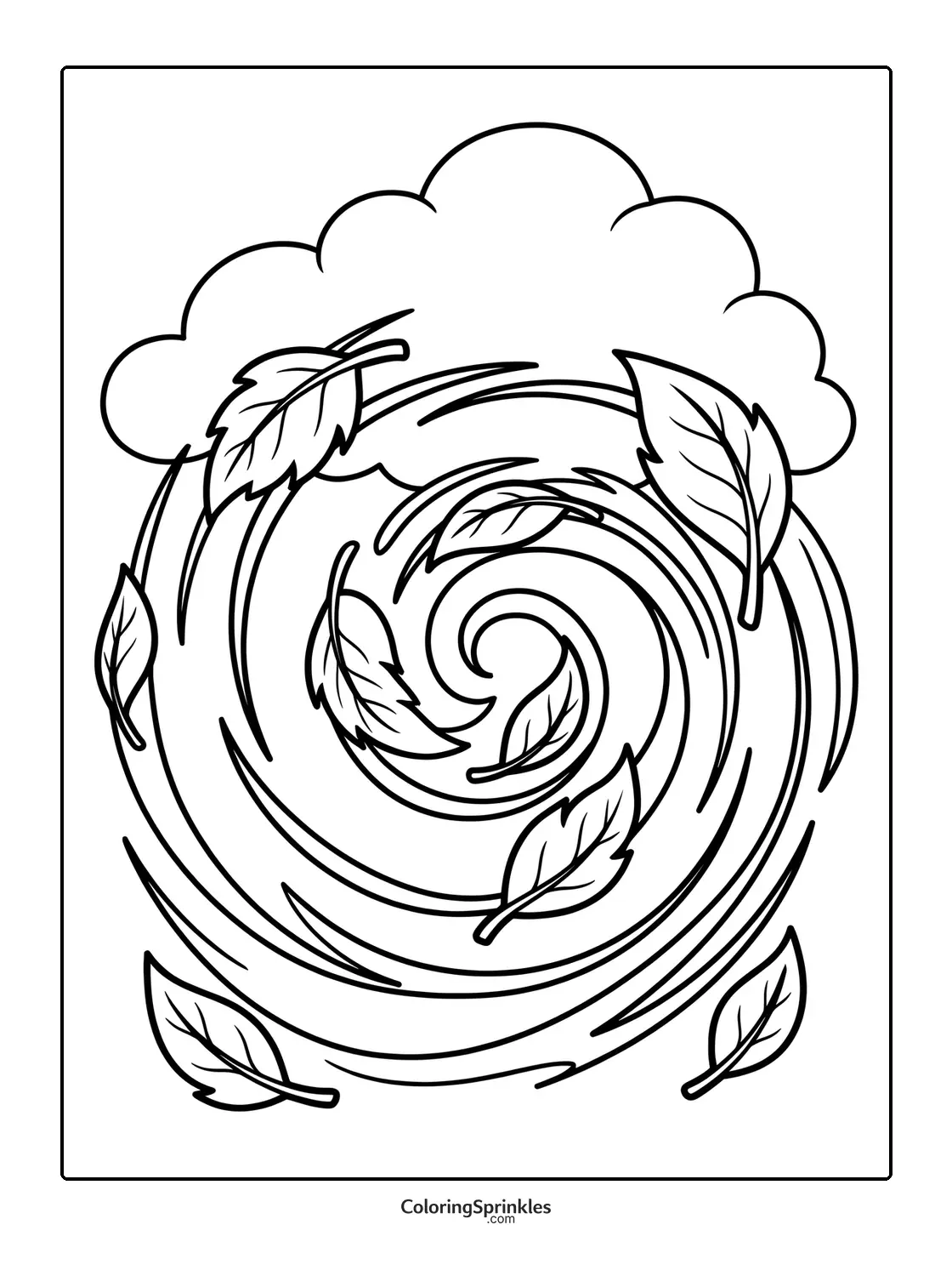 Coloring page of leaves swirling in the wind under a cloud
