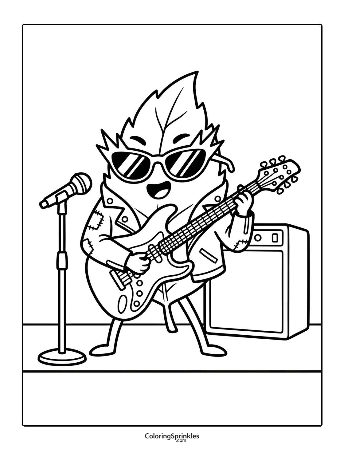 Coloring page of a leaf character playing an electric guitar as a rocker
