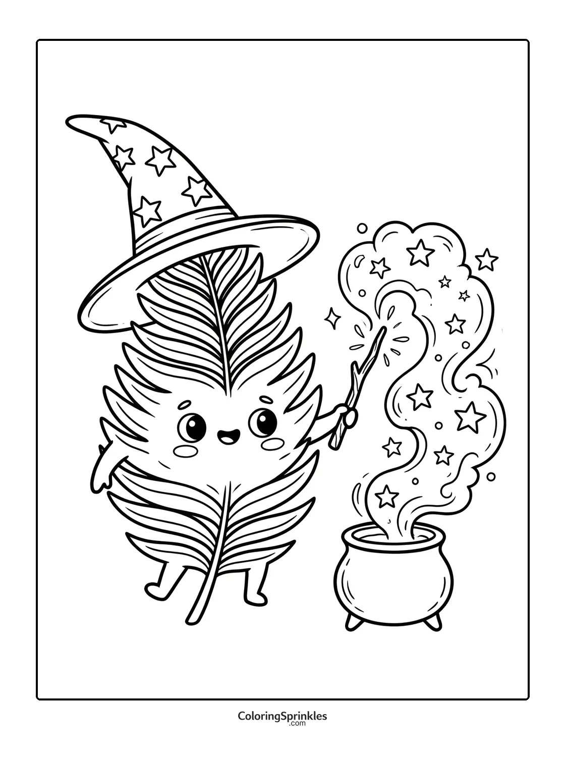 Coloring page of a leaf character wearing a wizard hat casting magic with a wand over a cauldron