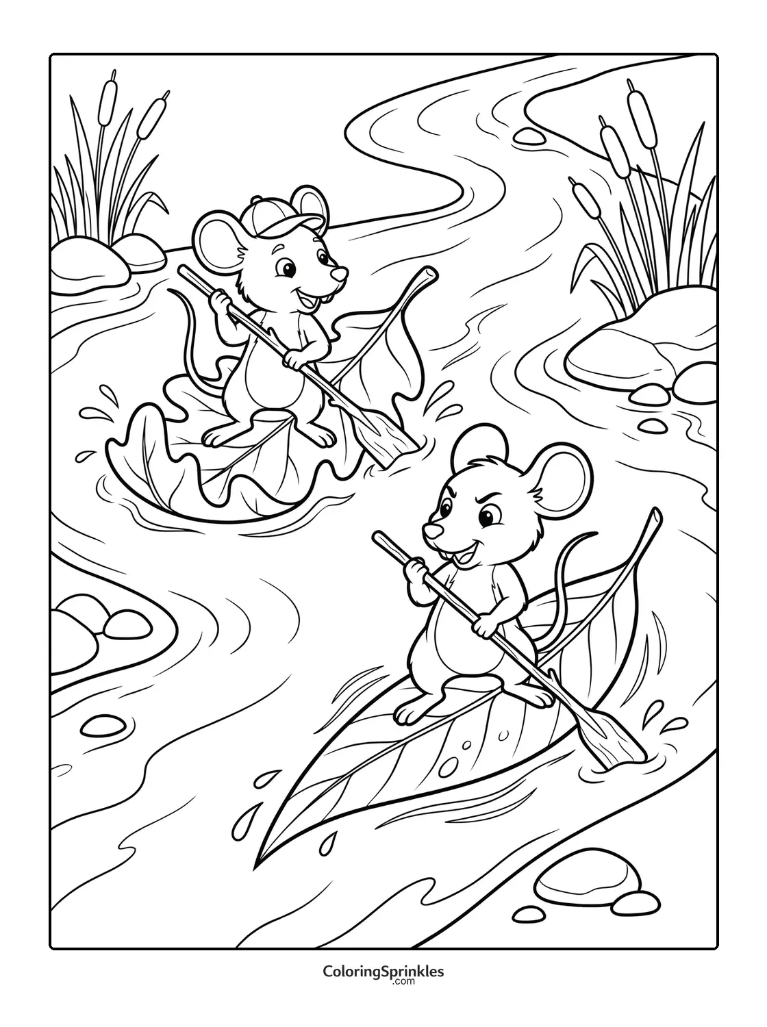 Coloring page of two mice paddling leaf boats on a river