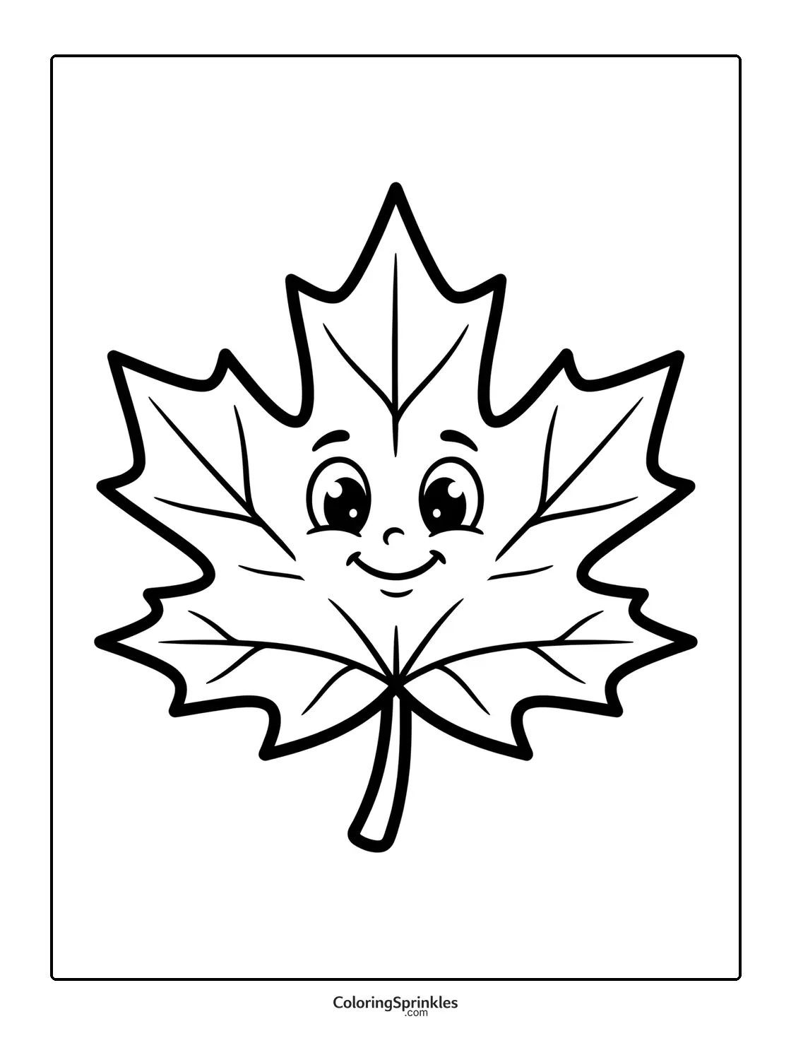 Coloring page of a smiling maple leaf with a happy face