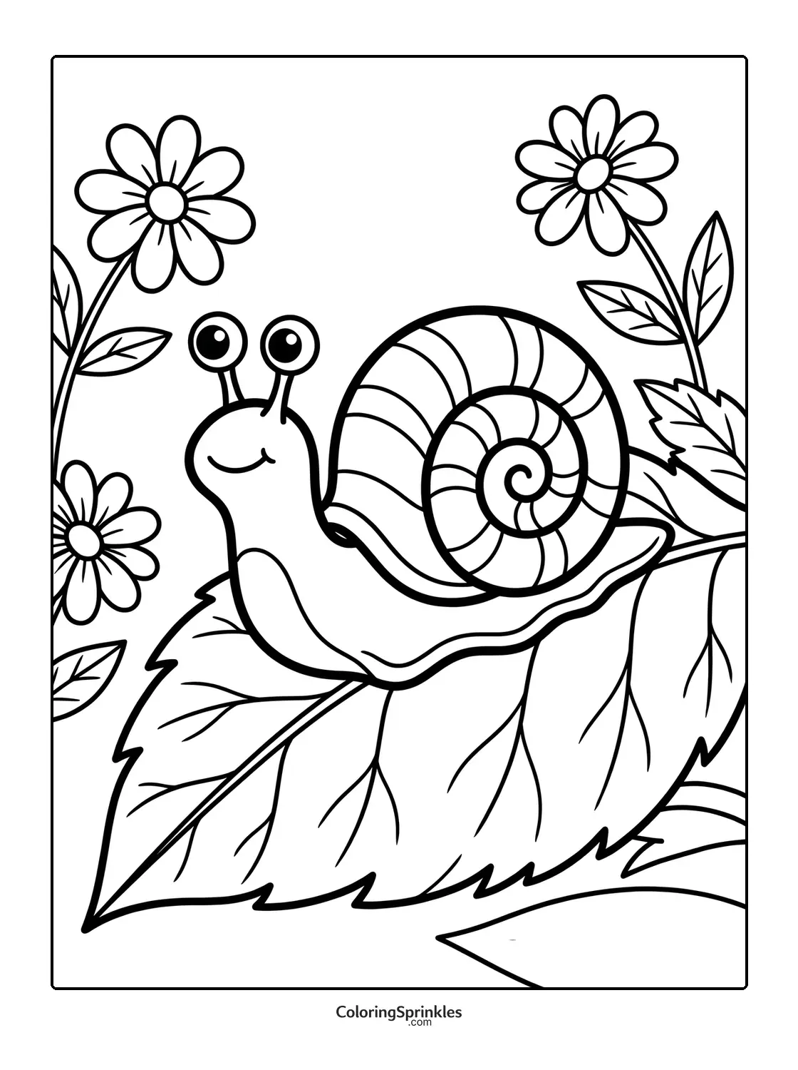 Coloring page of a smiling snail on a leaf with flowers
