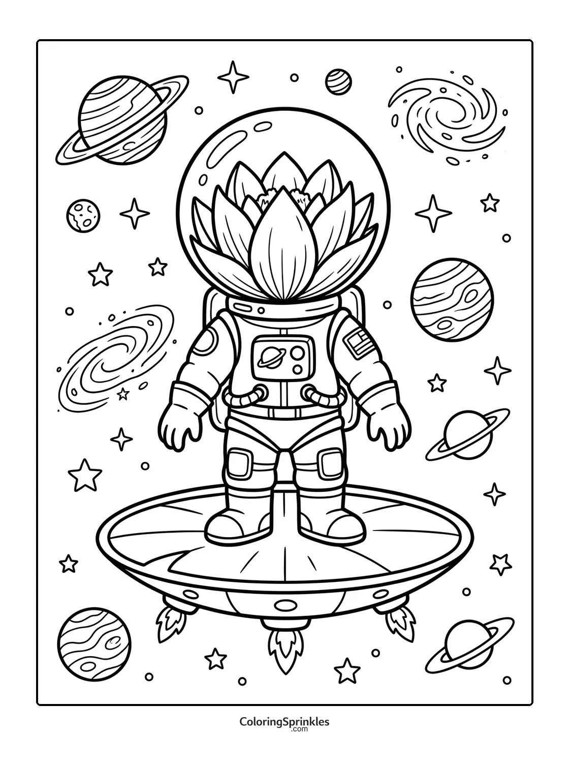 Coloring page of an astronaut with a lotus flower helmet standing on a spaceship surrounded by planets and stars