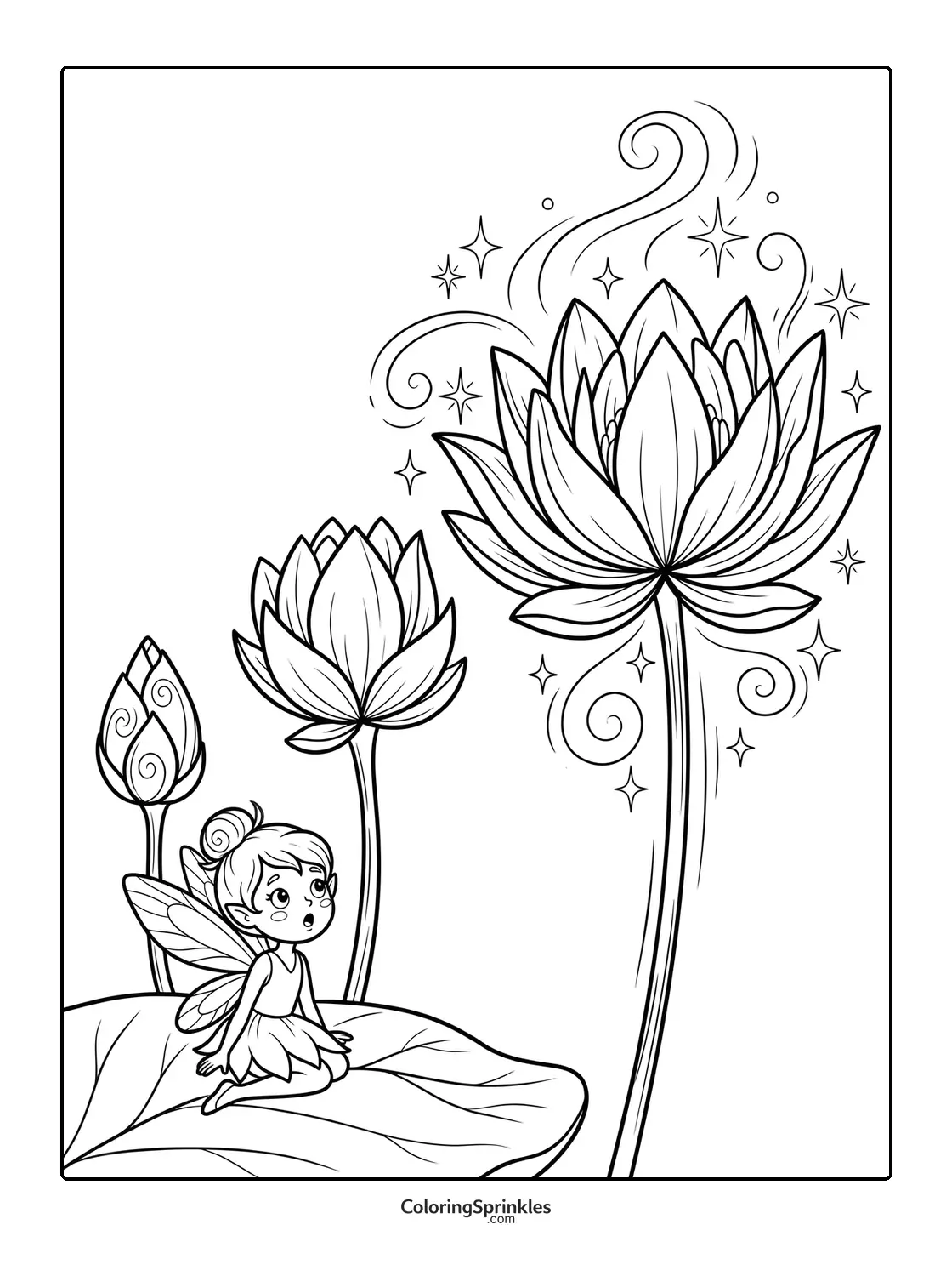 Coloring page of a fairy sitting on a lotus leaf with magical lotus flowers