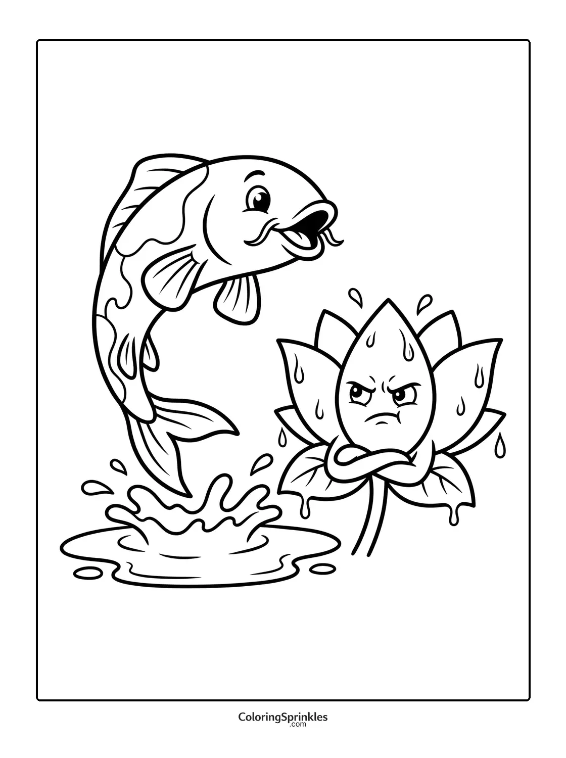 Coloring page of a fish jumping out of water near an angry lotus flower