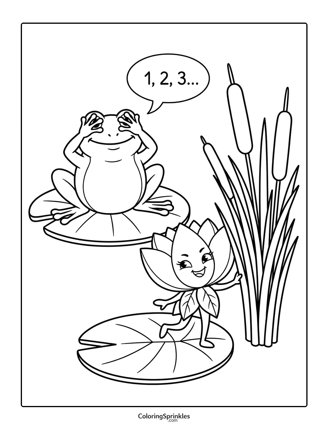 Coloring page of a frog playing hide and seek with a lotus character near cattails