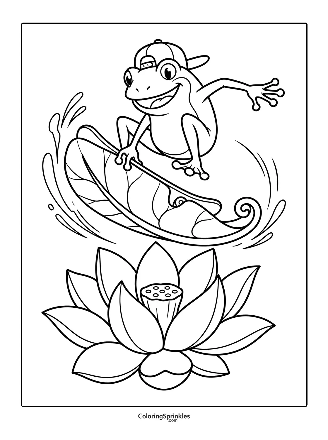 Coloring page of a frog skateboarding on a lotus leaf with water splash