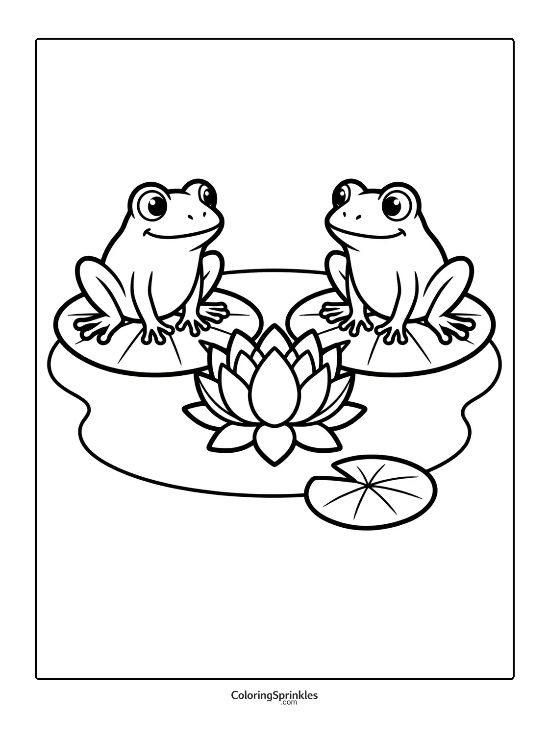 Coloring page of two frogs sitting on lotus lily pads in a pond