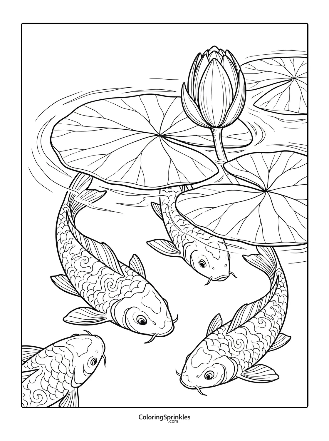 Coloring page of koi fish swimming around lotus and lily pads in a pond