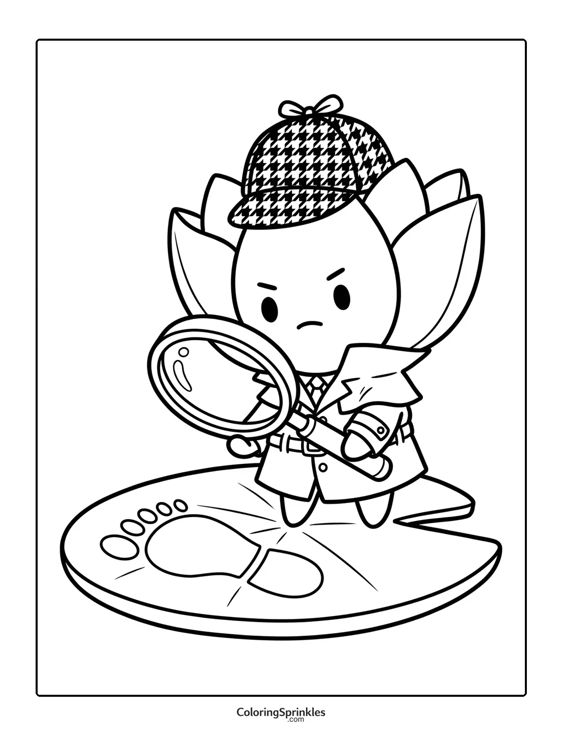 Coloring page of a lotus character dressed as a detective examining a footprint with a magnifying glass