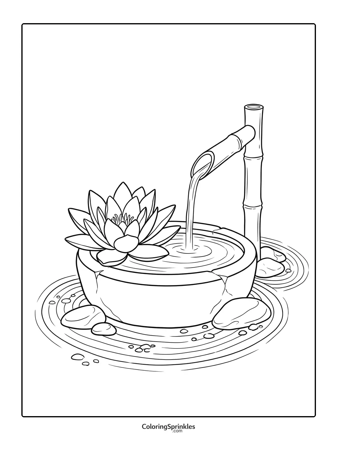Coloring page of a lotus flower in a water bowl with bamboo water spout