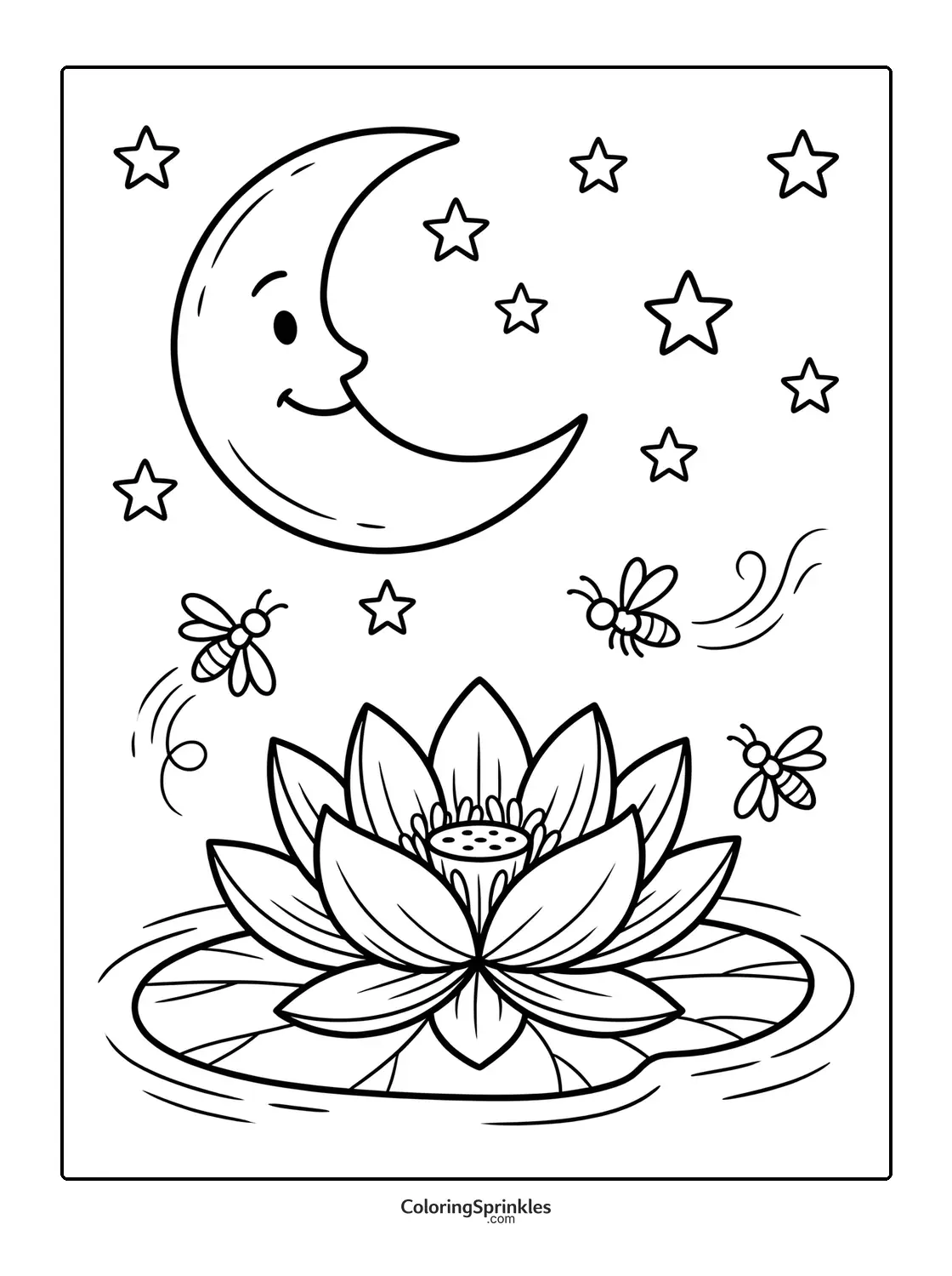 Coloring page of a lotus flower with bees flying under a smiling moon and stars