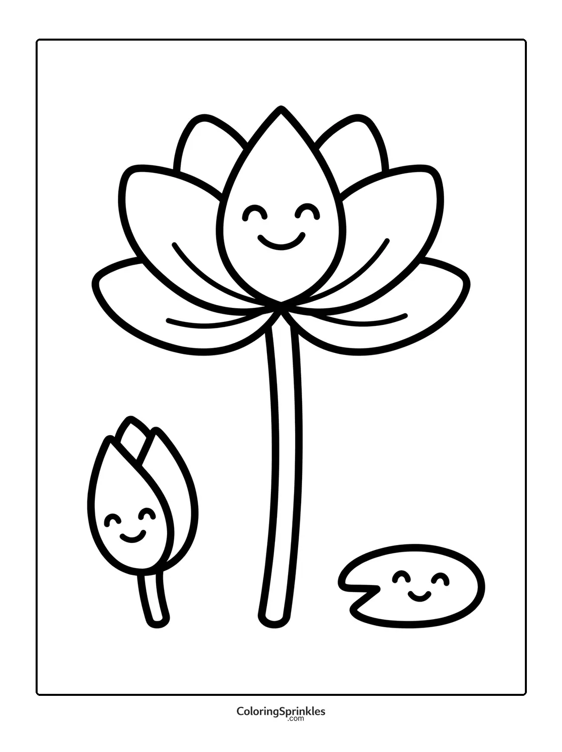 Coloring page of a smiling lotus flower with a bud and a leaf