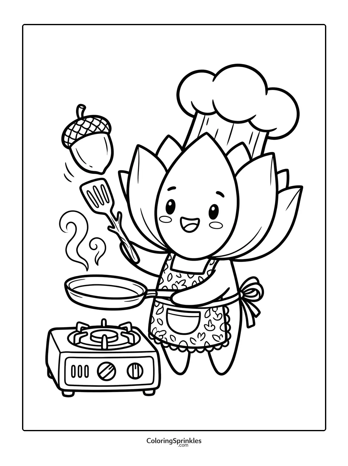 Coloring page of a lotus flower character cooking on a stove