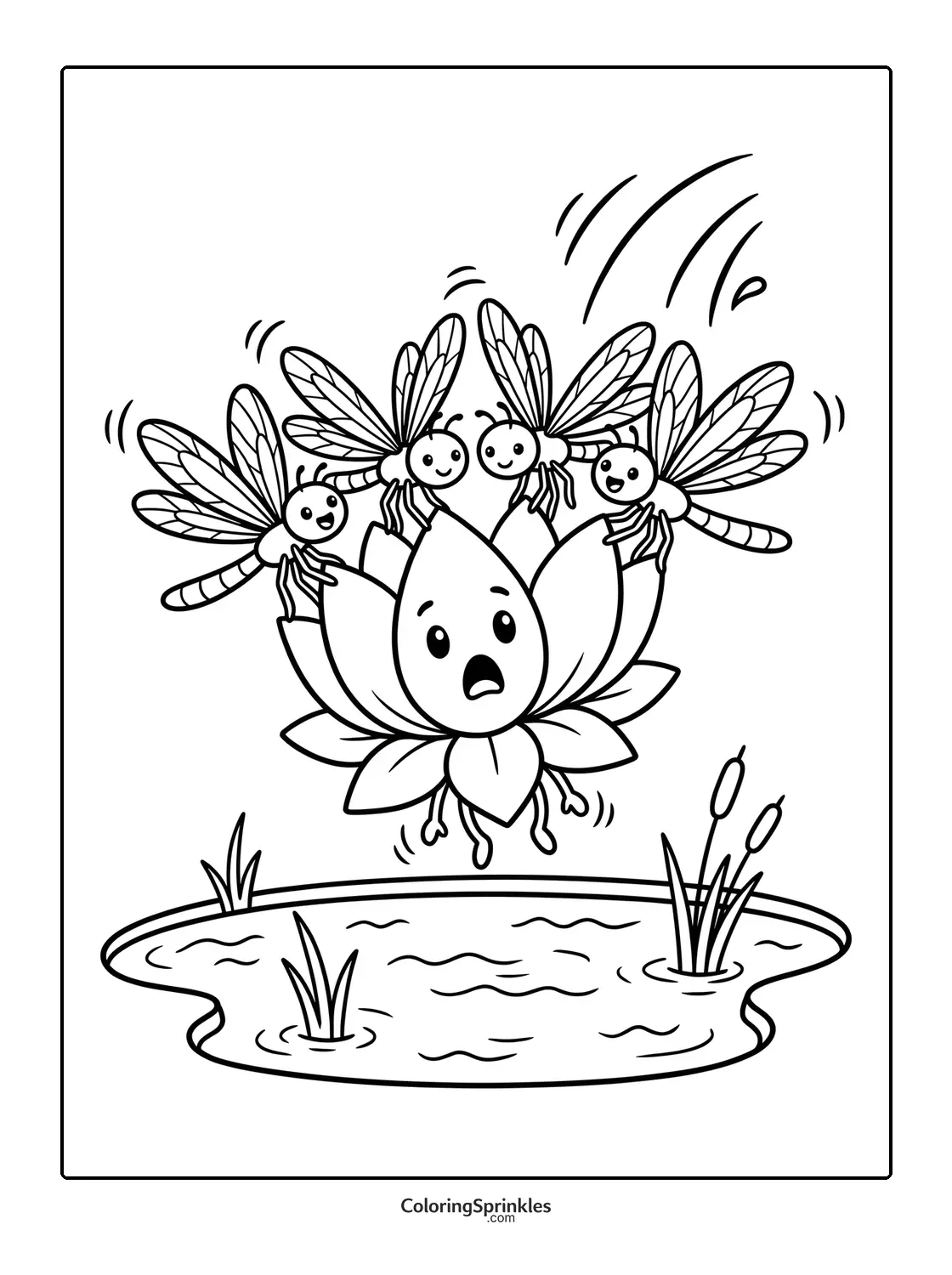 Coloring page of a lotus flower character being lifted by dragonflies over a pond