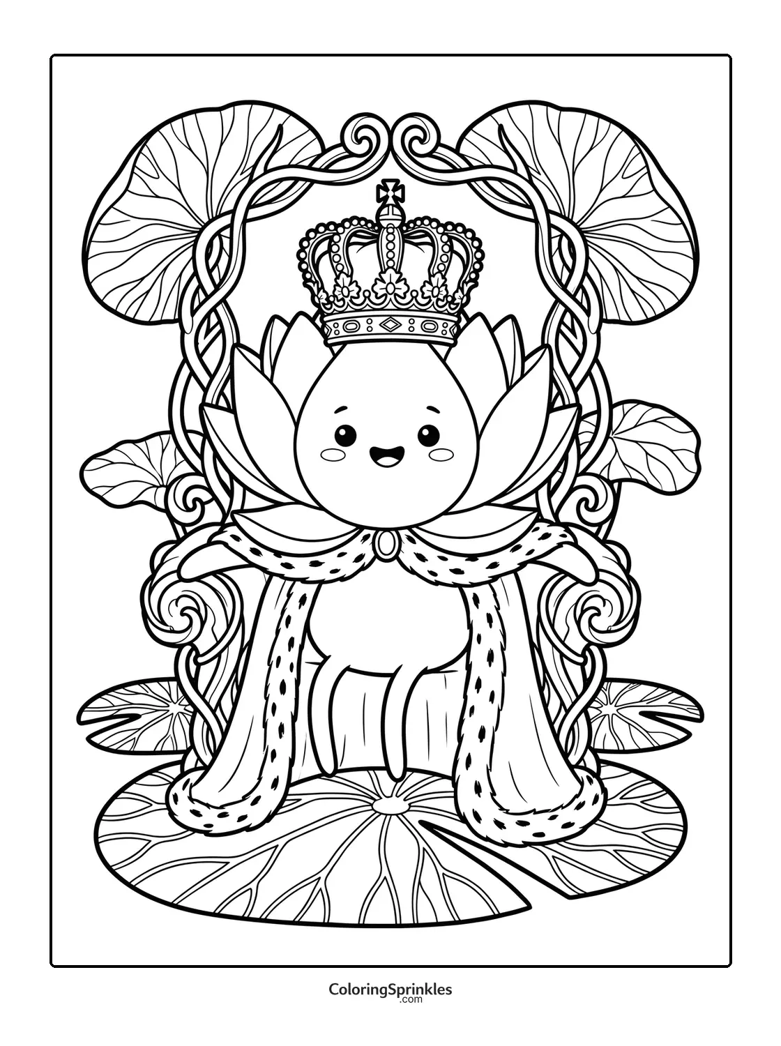 Coloring page of a lotus flower character wearing a crown and royal cape