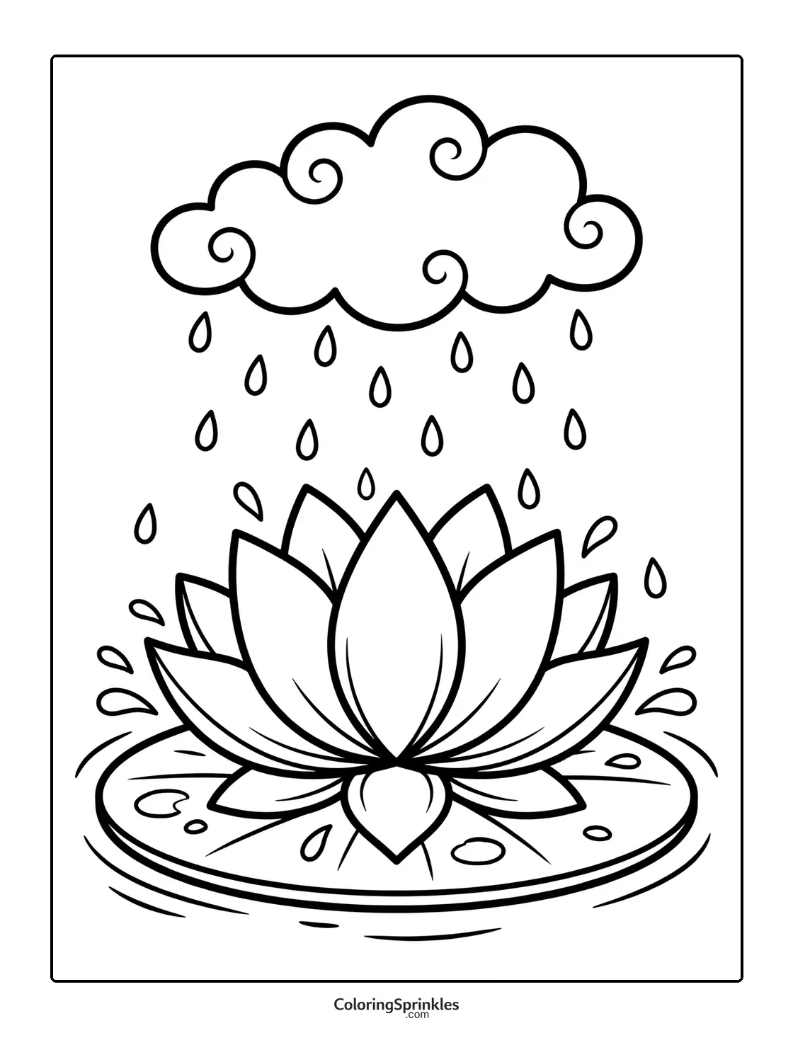 Coloring page of a lotus flower with raindrops falling from a cloud