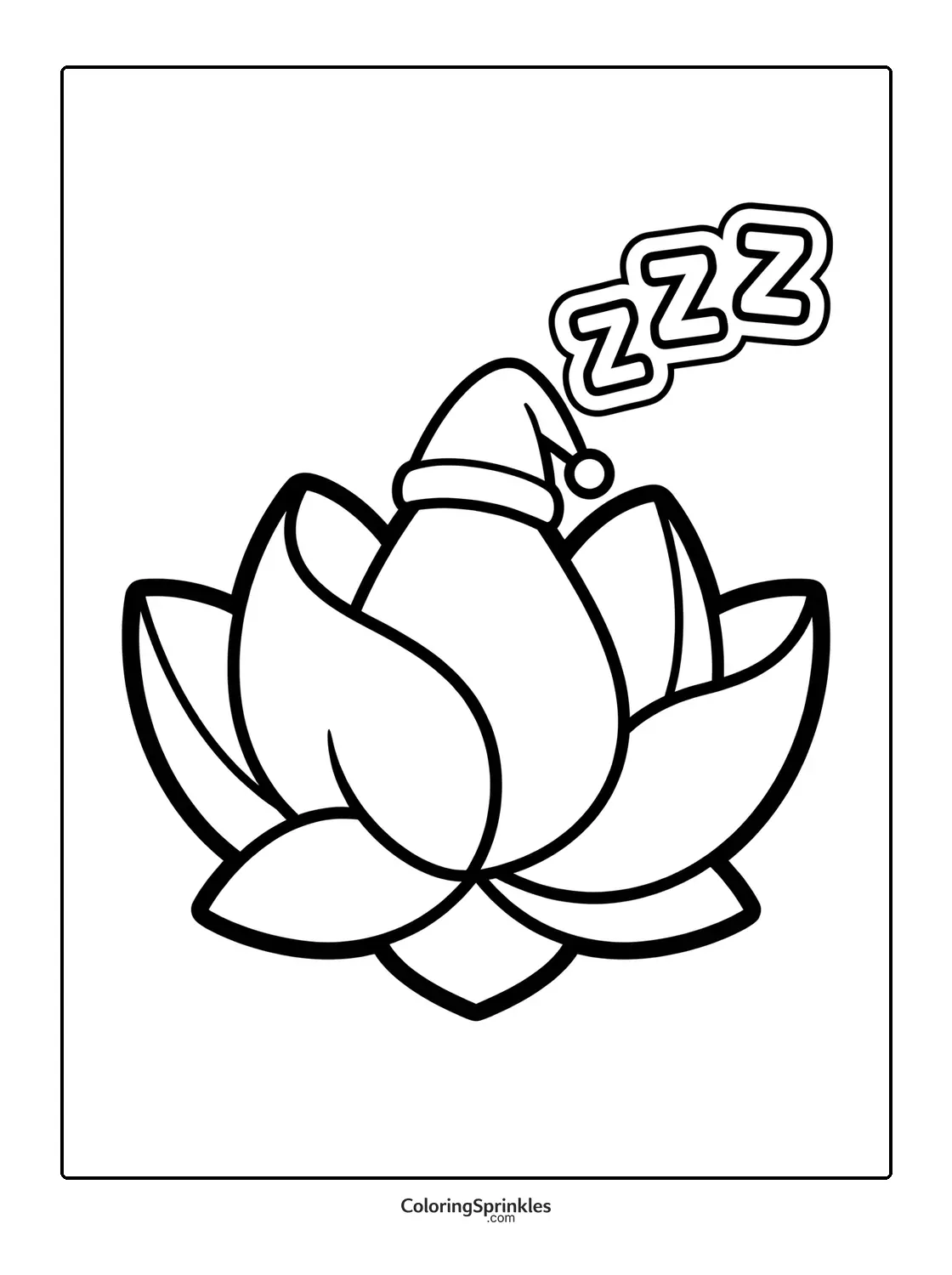 Coloring page of a lotus flower with a sleeping cap and zzz symbols