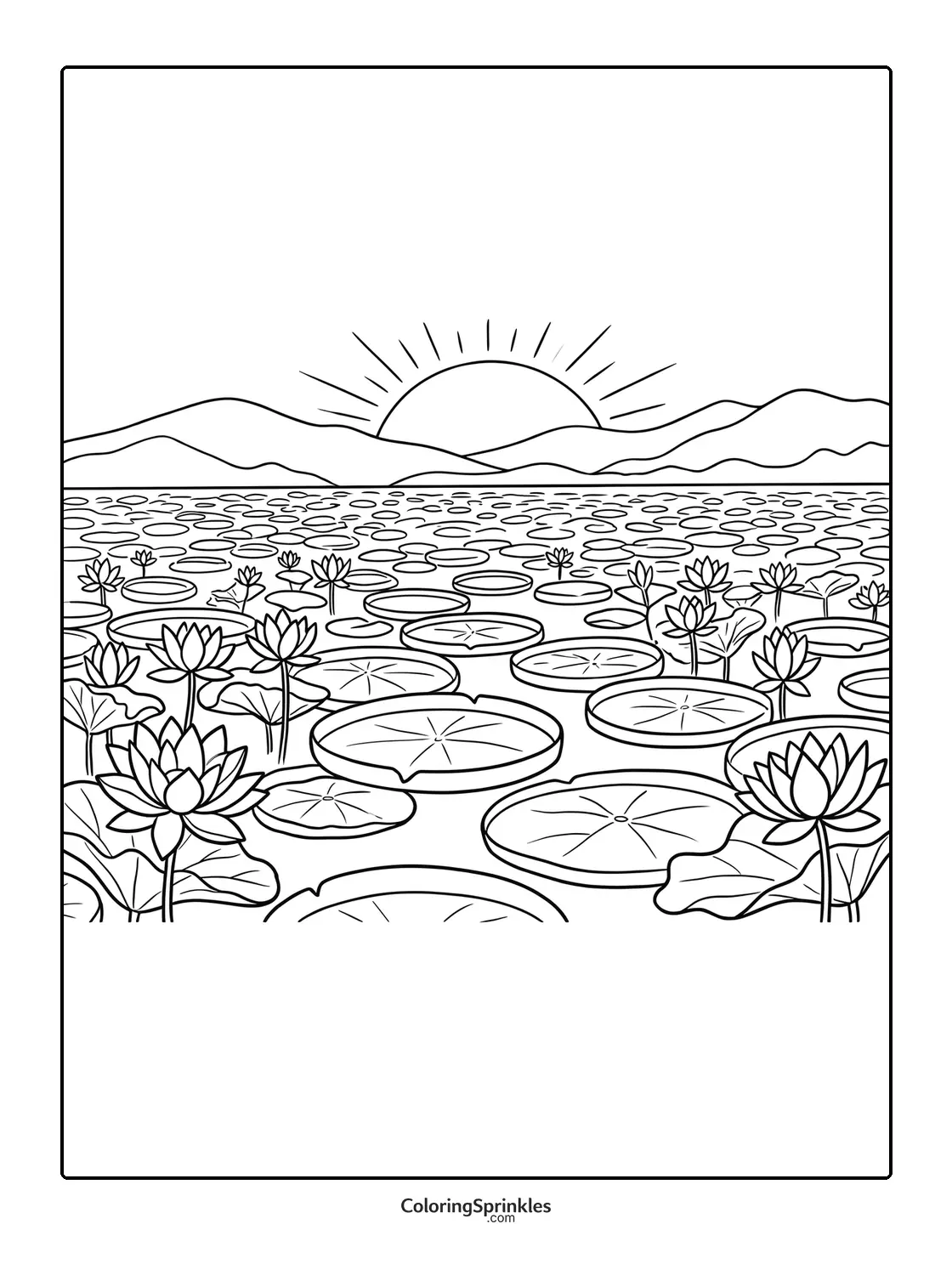 Coloring page of a lotus pond at sunrise with mountains in the background