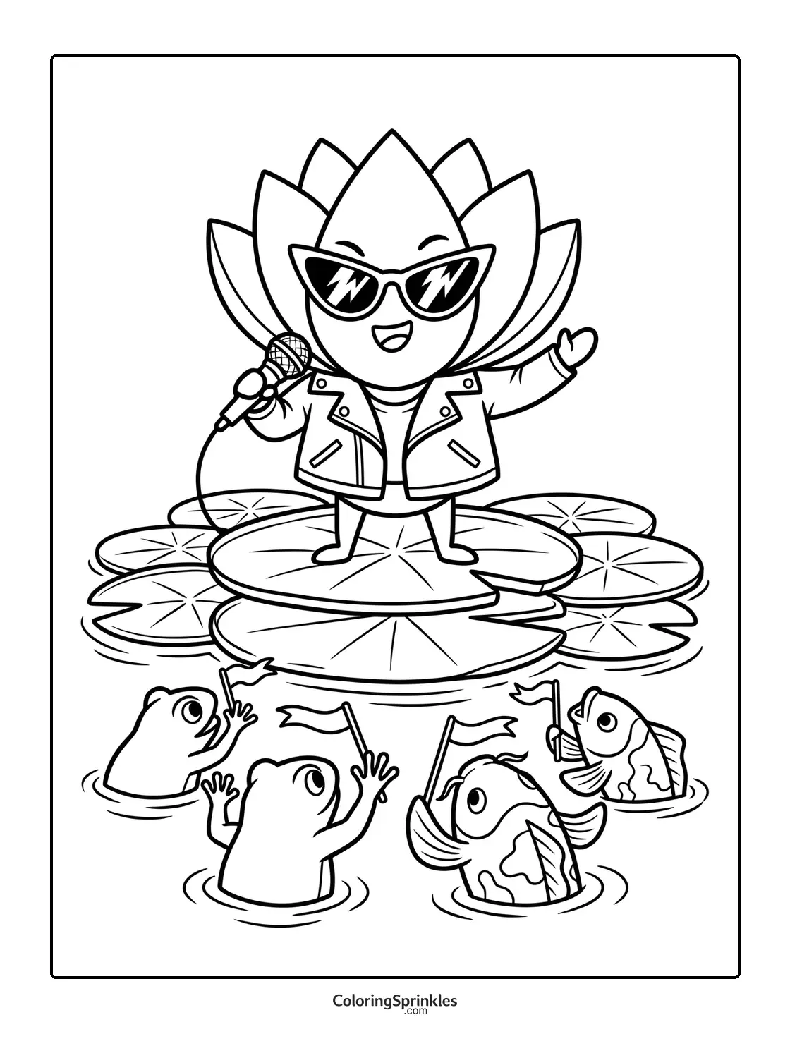 Coloring page of a lotus flower character singing on lilypads with frogs and fish fans