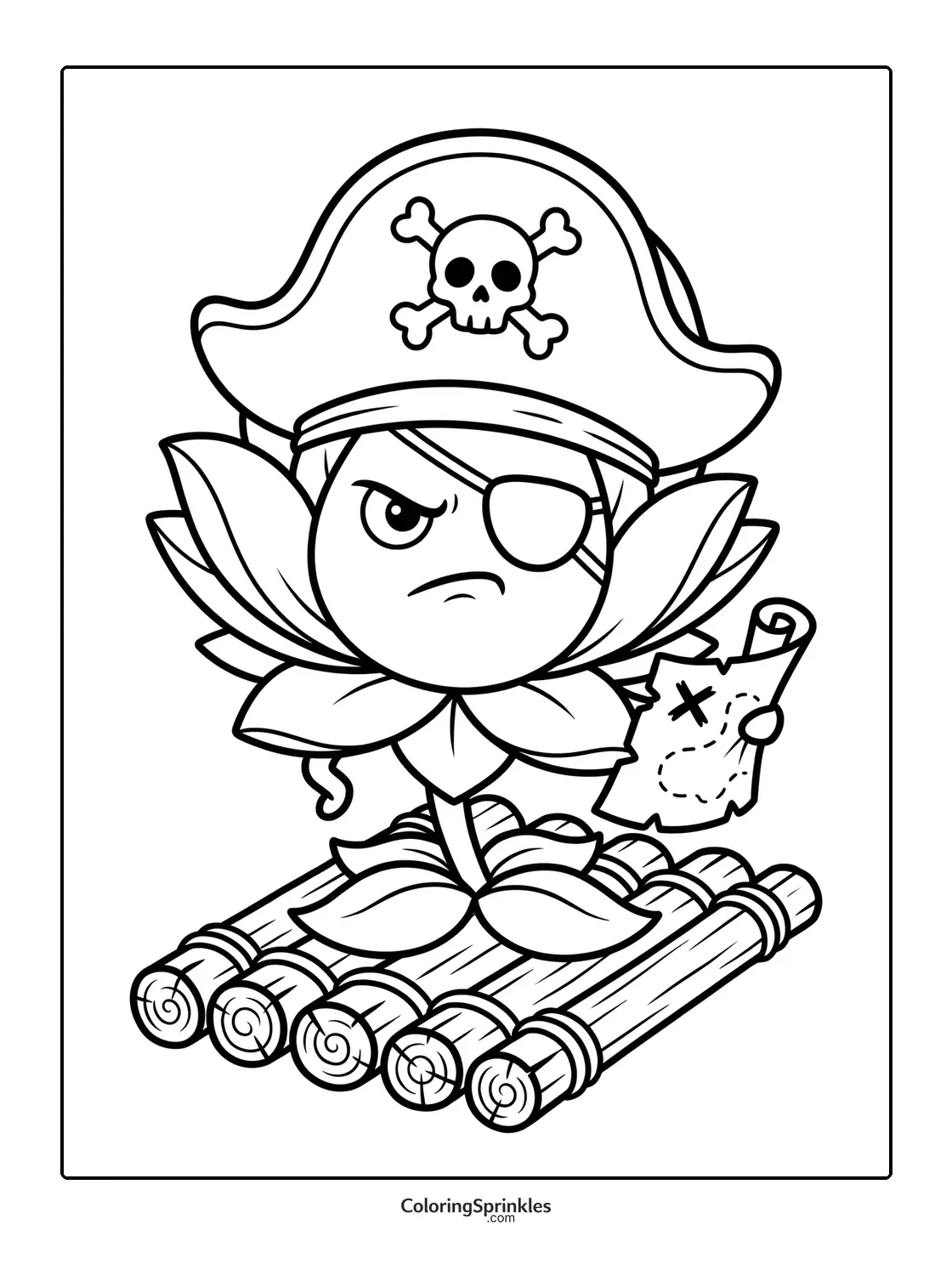 Coloring page of a pirate lotus flower on a raft holding a treasure map