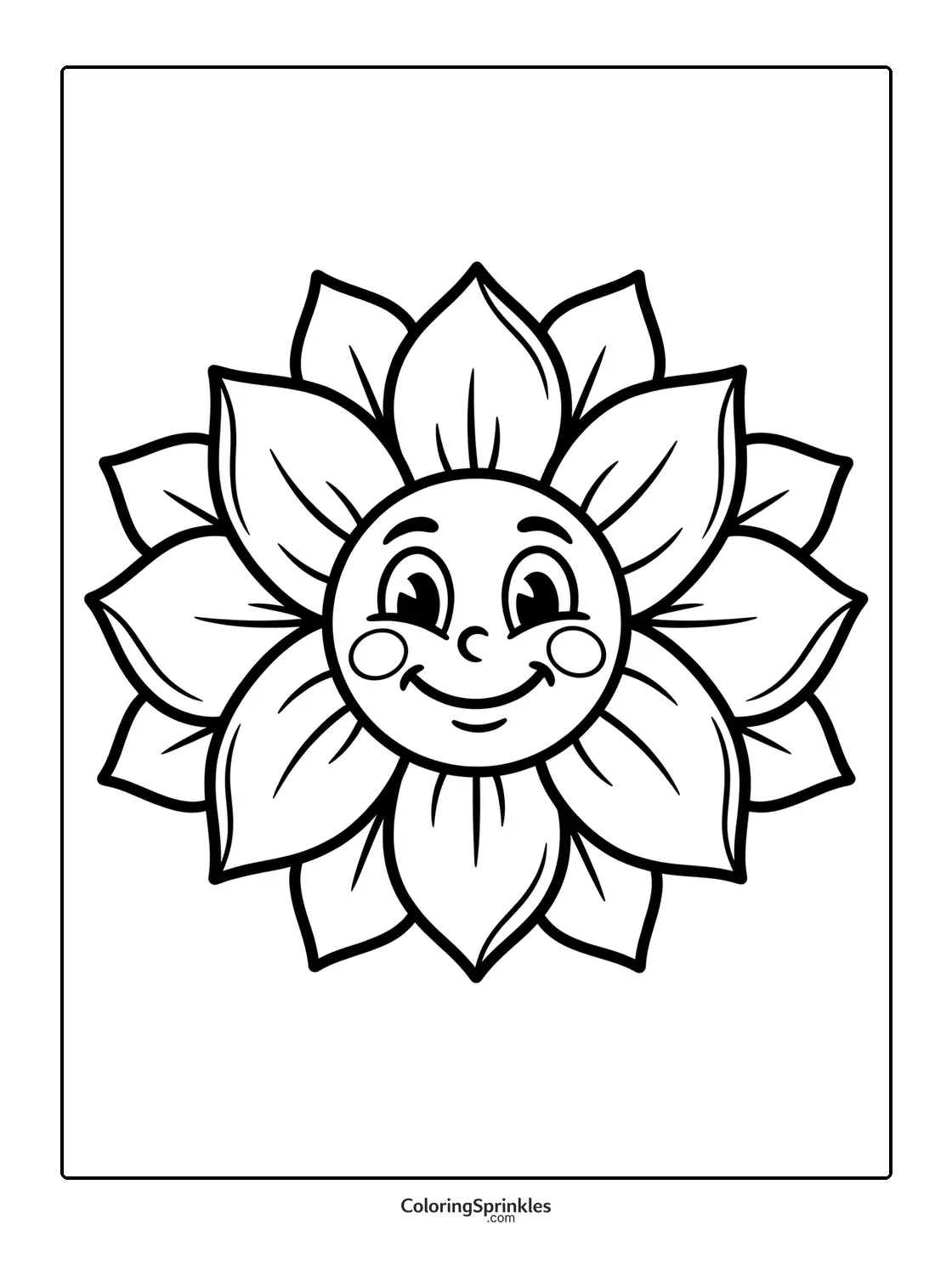 Coloring page of a smiling flower face with lotus petals