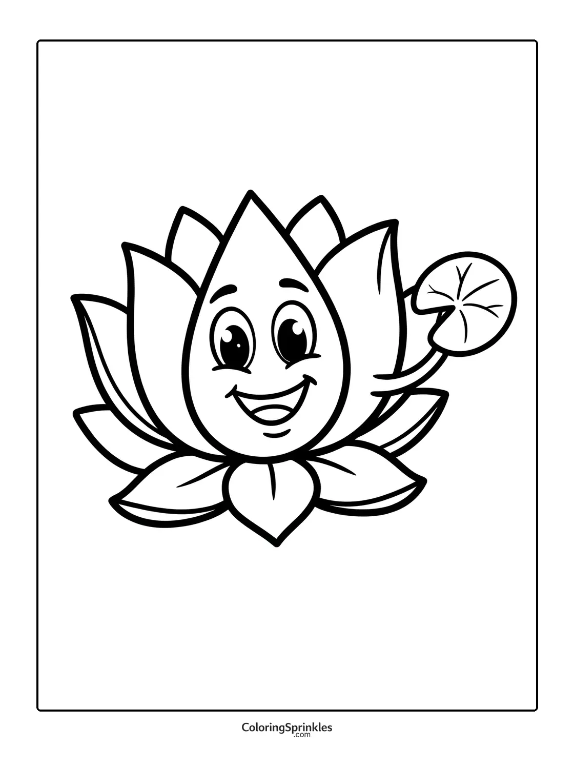 Coloring page of a smiling lotus flower with a lily pad