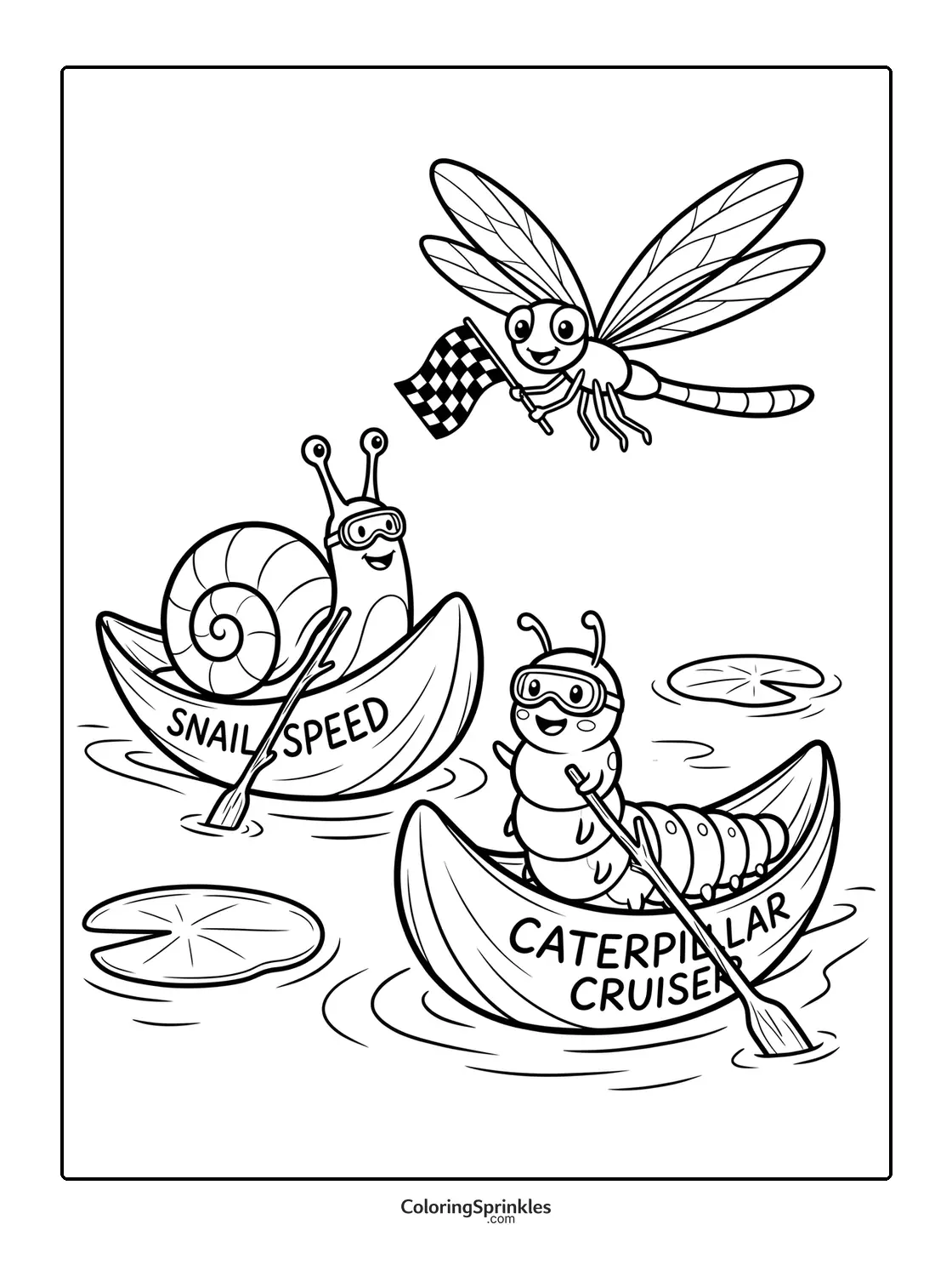 Coloring page of a snail and caterpillar racing in boats with a dragonfly holding a checkered flag