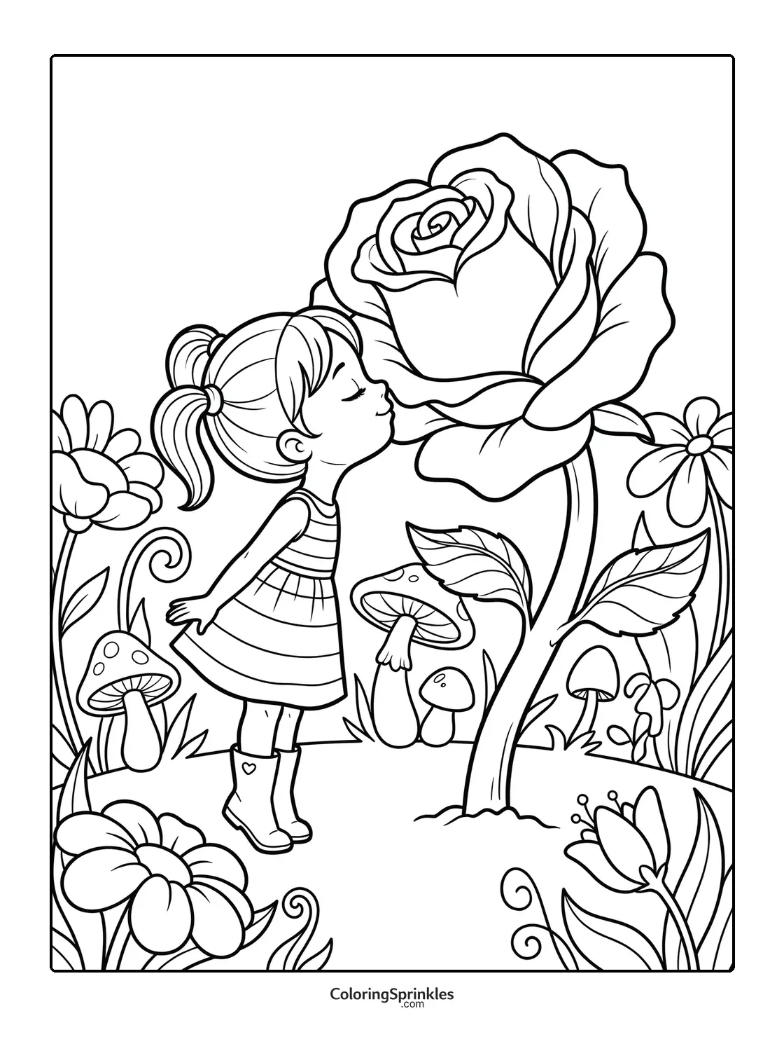Coloring page of a girl kissing a giant rose surrounded by mushrooms and flowers