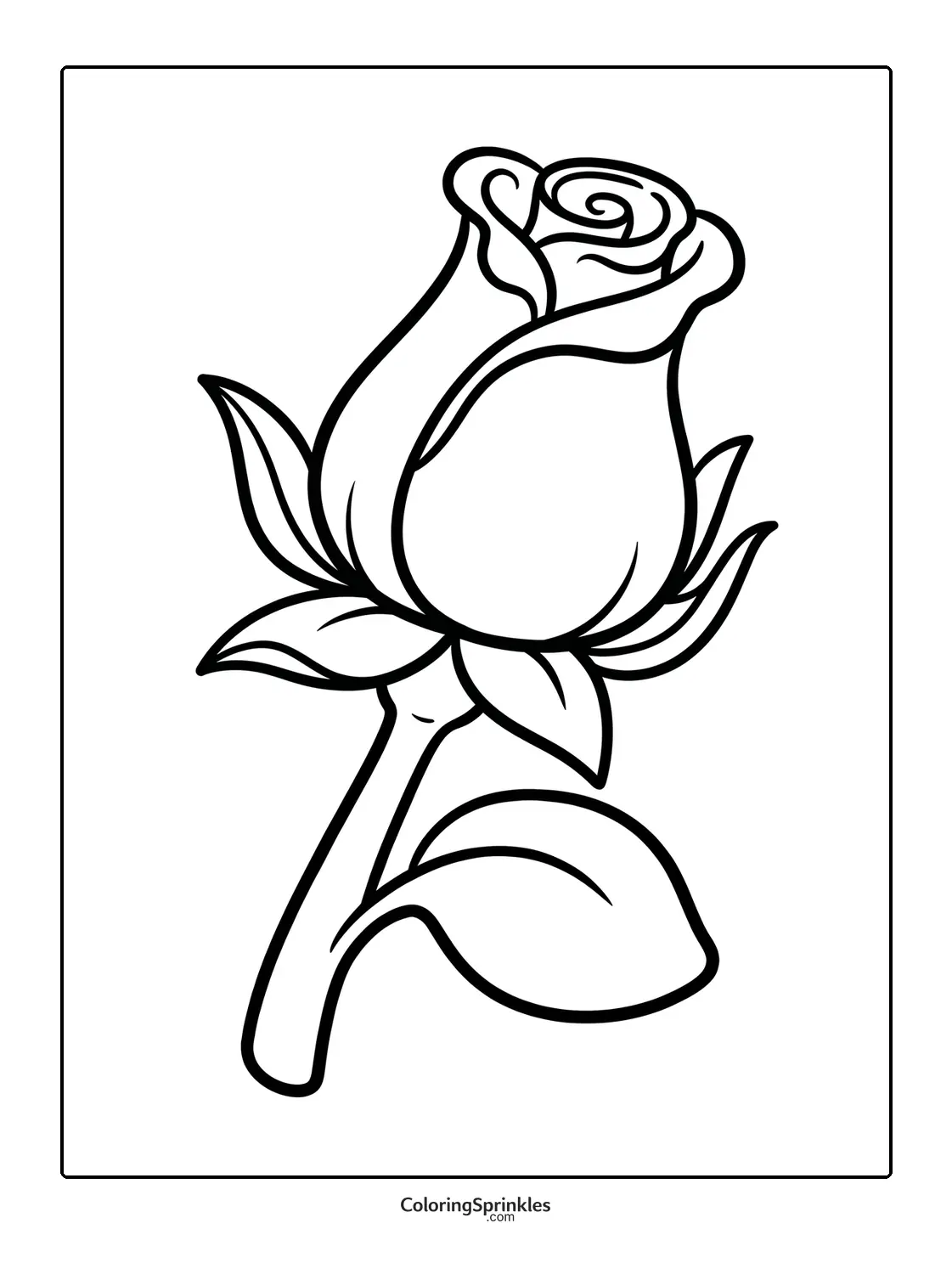 Coloring page of a rose flower bud with leaves and stem