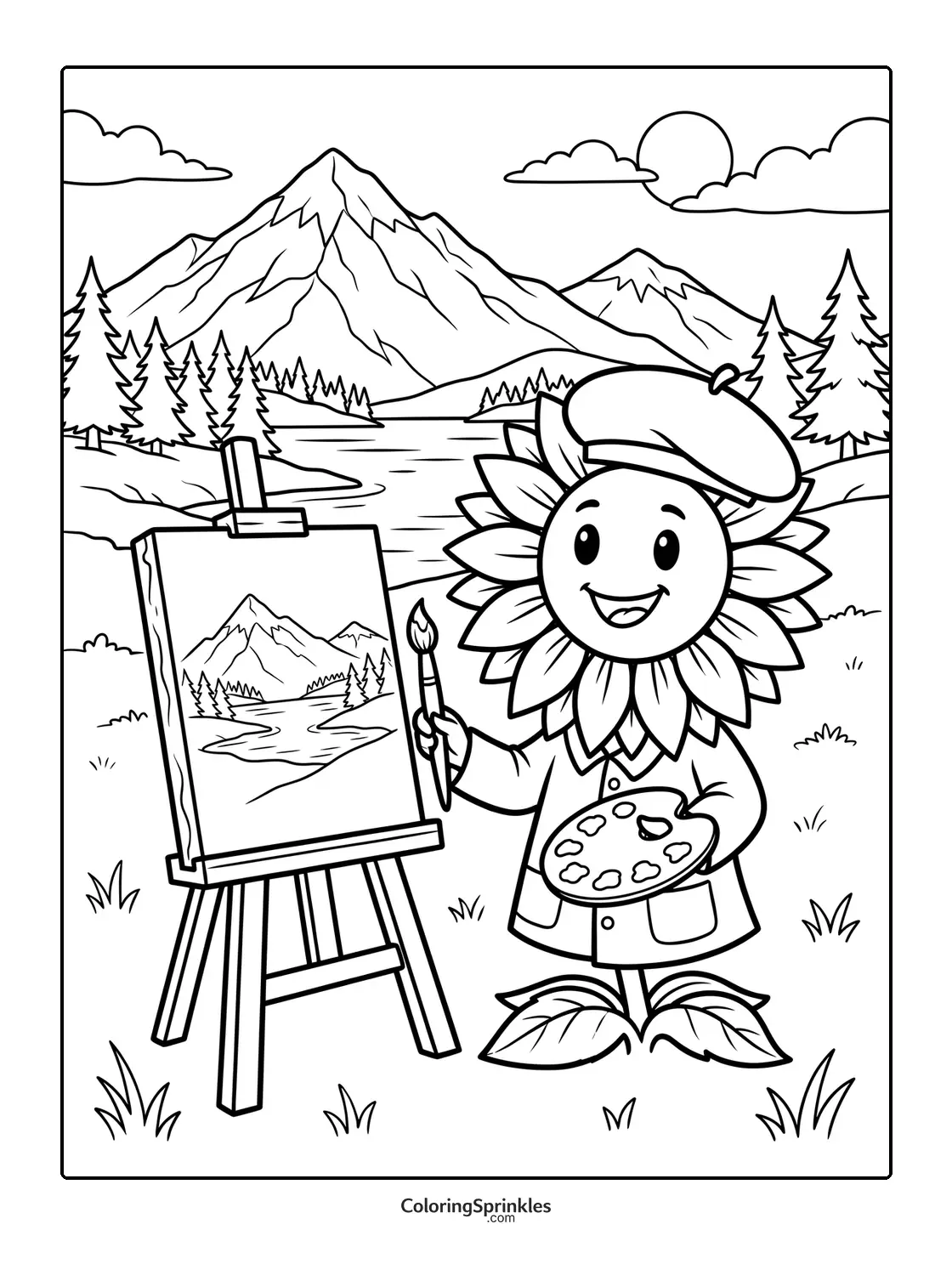 Coloring page of a sunflower artist painting mountains on an easel