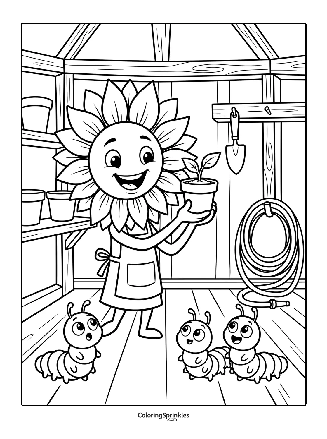 Coloring page of a sunflower character holding a potted plant with caterpillars in a greenhouse