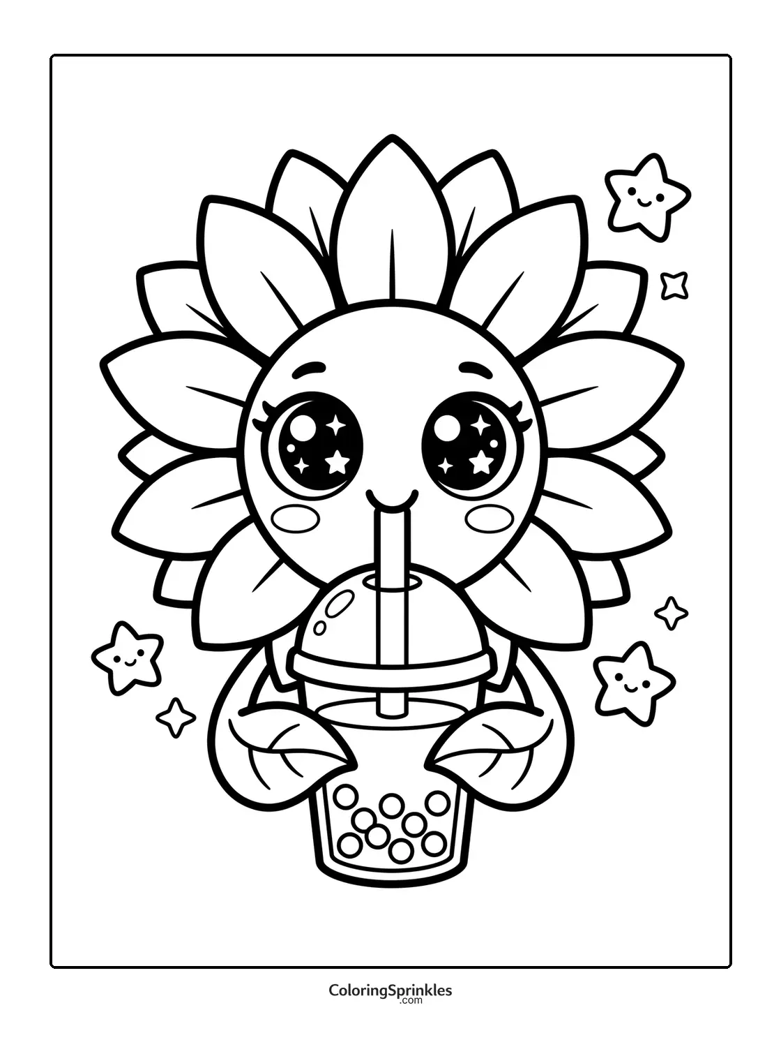 Coloring page of a cute sunflower drinking bubble tea with stars around