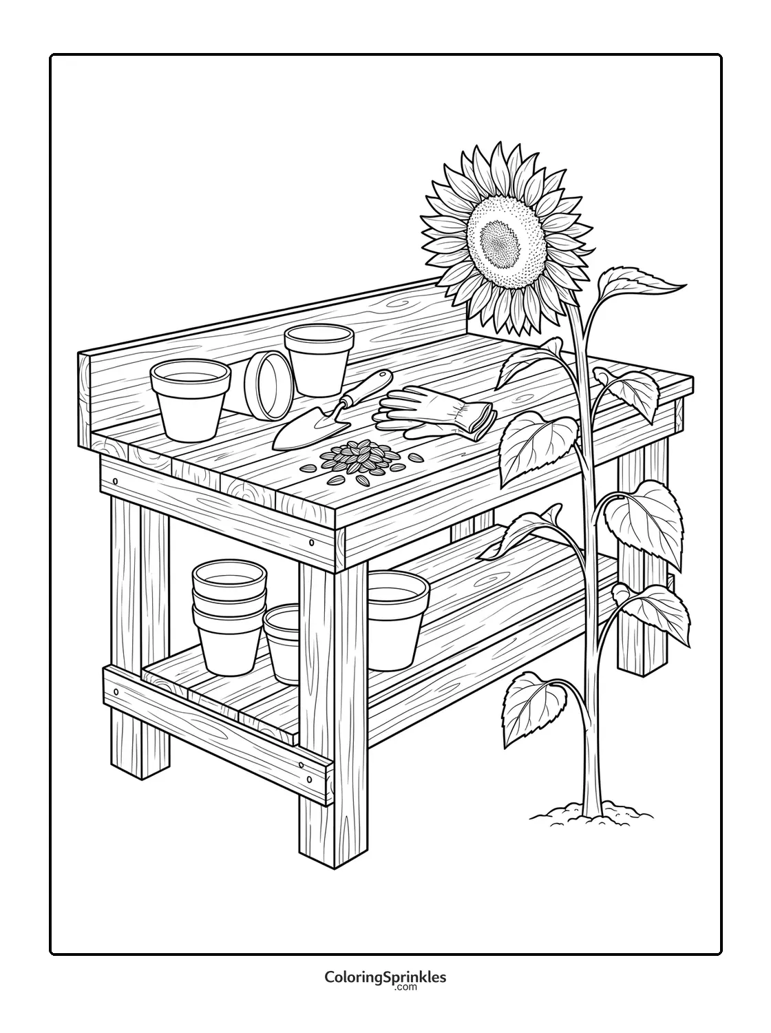 Coloring page of a sunflower next to a gardening table with pots, seeds, gloves and a trowel