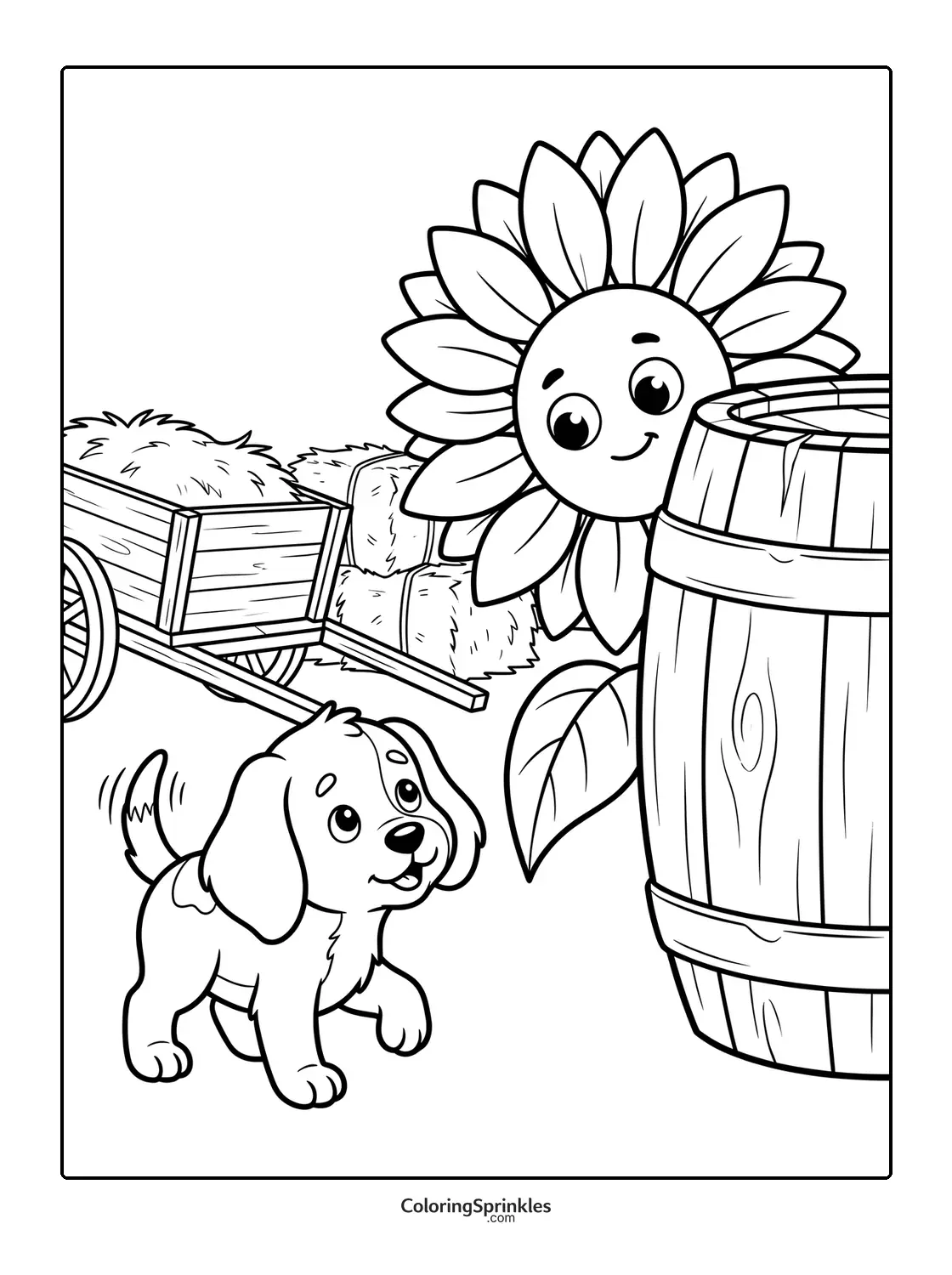 Coloring page of a happy sunflower and a playful puppy near a barrel with hay bales and a cart