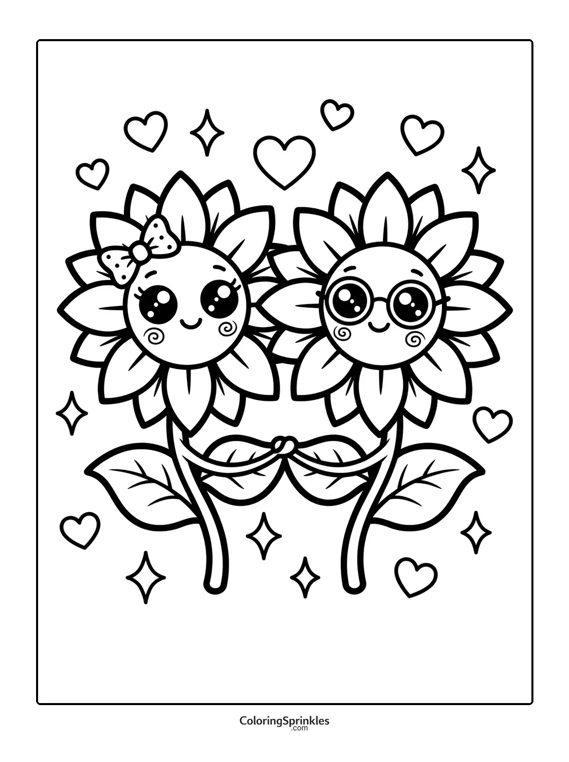 Coloring page of two sunflowers holding hands surrounded by hearts and stars
