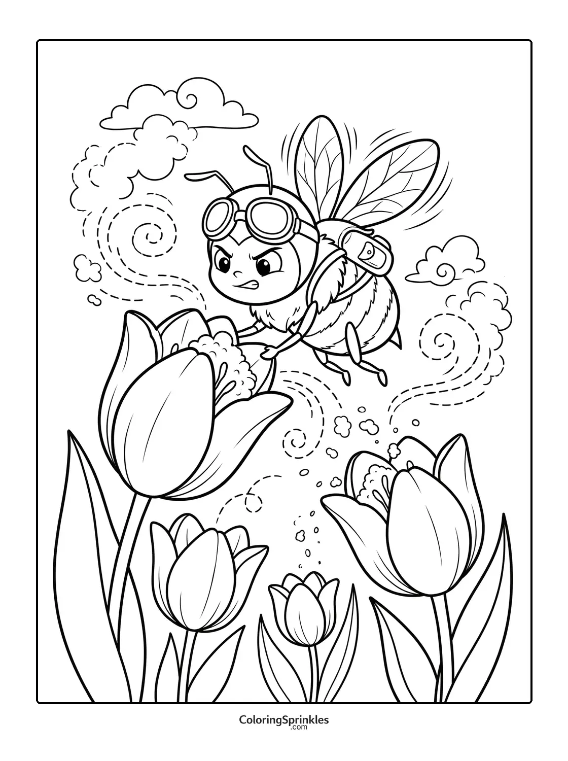 Coloring page of a bee wearing goggles and a backpack pollinating tulips