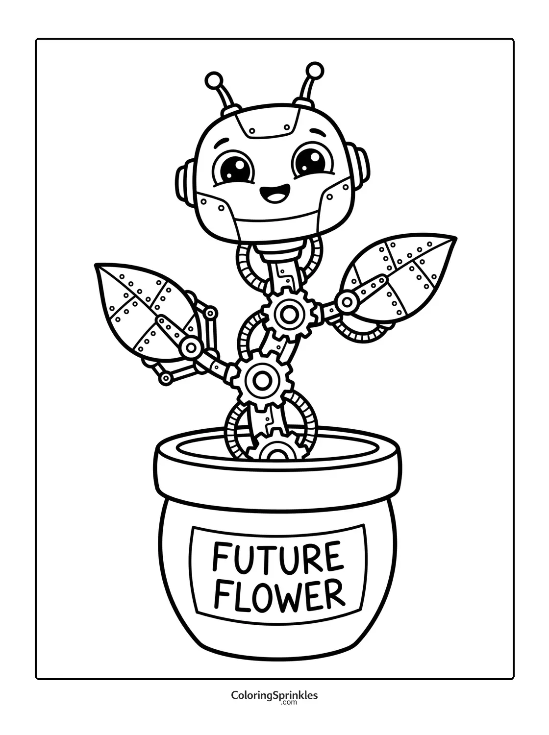 Coloring page of a robot flower growing in a pot labeled future flower