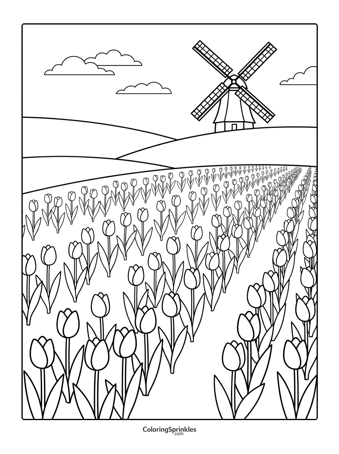 Coloring page of a tulip field with a windmill and clouds